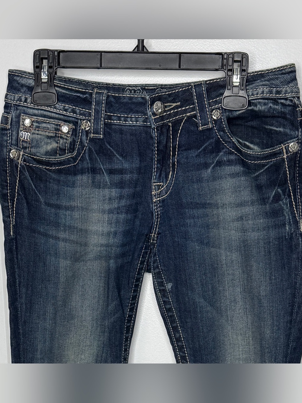 Miss Me Dark Blue Faded Boot Jeans Bling Stretch Slightly Distressed | GUC - Picture 5 of 9